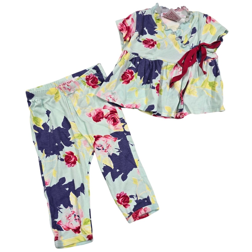 Baby Nay Infant Girl 6M Floral Peplum Wrap Top and Leggings Set Mint Pink Navy